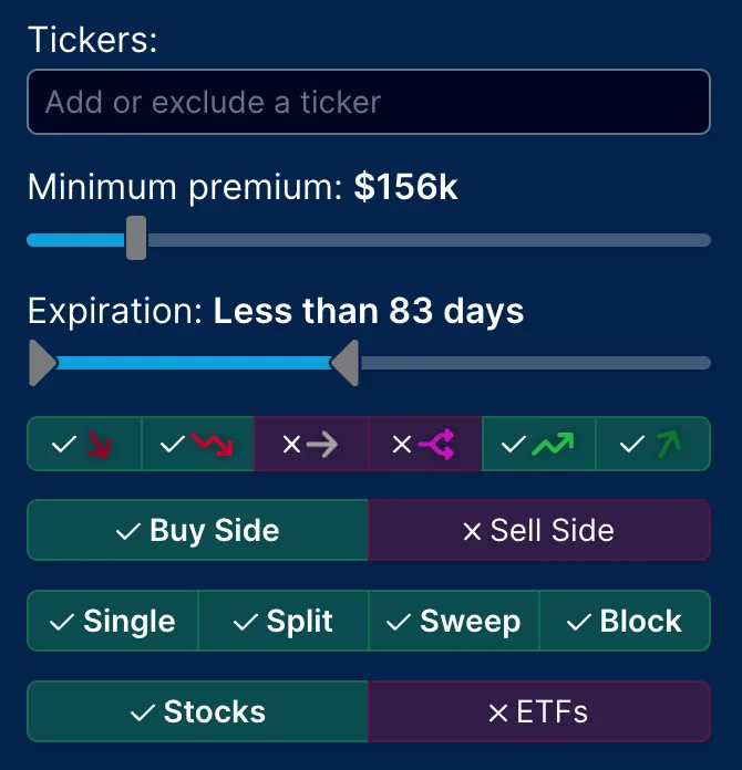 Screenshot of filter criteria